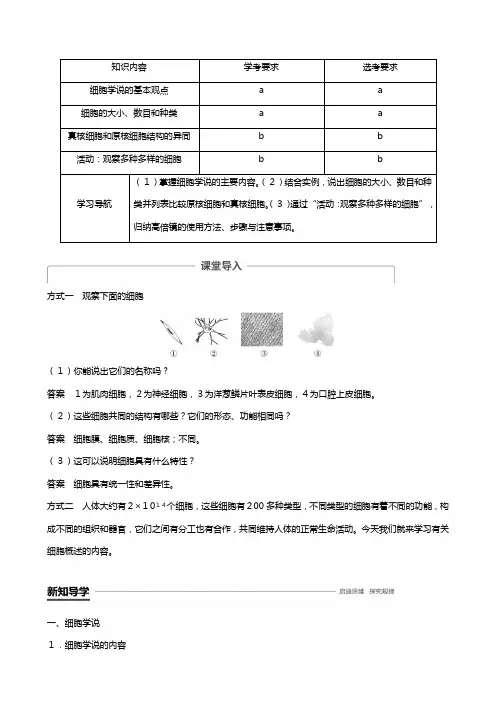 浙科版版高中第二章细胞的结构第一节细胞概述教案必修生物