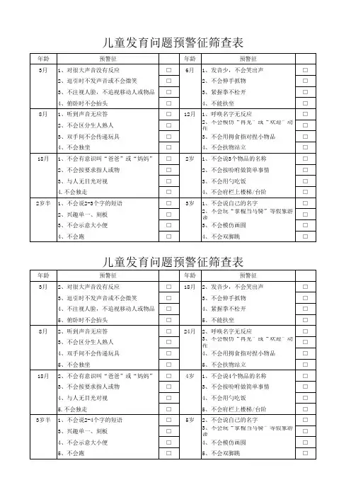 岁儿童发育问题预警征筛查表