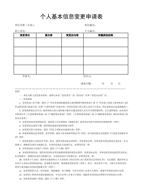 个人基本信息变更申请表