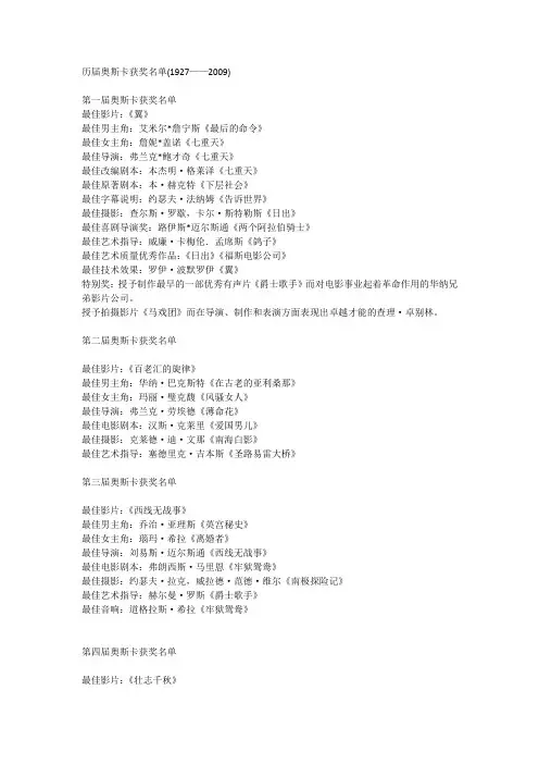 历届奥斯卡获奖名单(1927