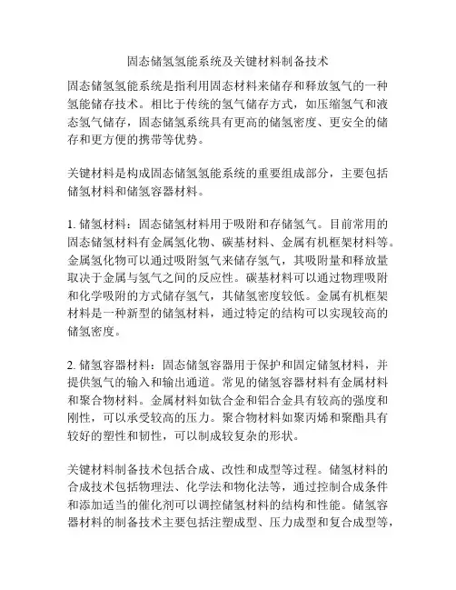 固态储氢氢能系统及关键材料制备技术
