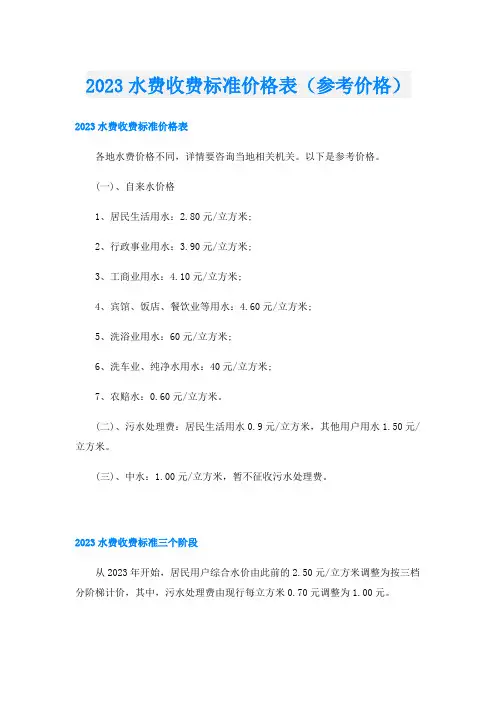 2023水费收费标准价格表(参考价格)