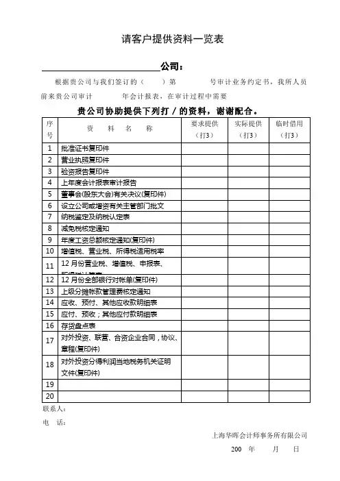 客户提供资料一览表
