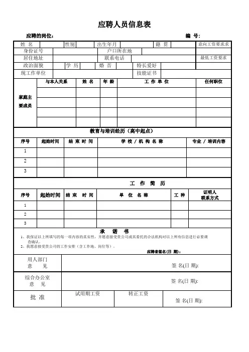 应聘人员信息登记表