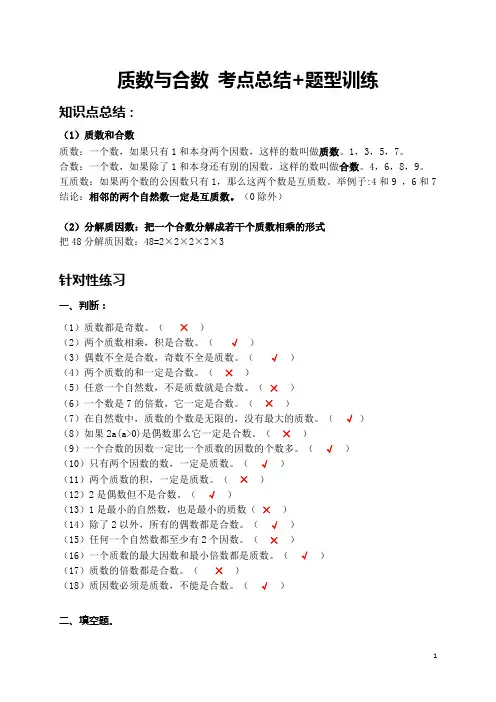 质数与合数 知识点总结+训练题 带答案