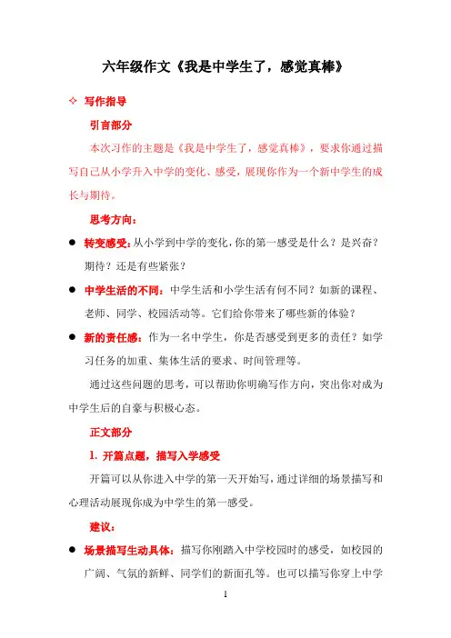 习作：《我是中学生了-感觉真棒》讲义-2024-2025学年六年级上册语文统编版(五四学制)