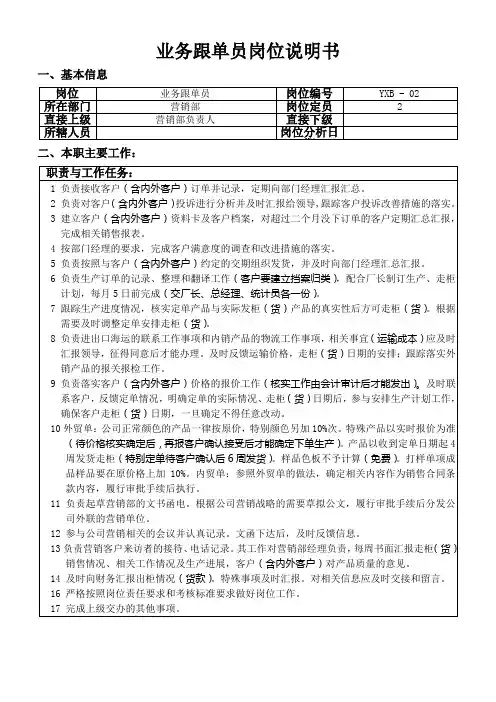 业务跟单员岗位说明书