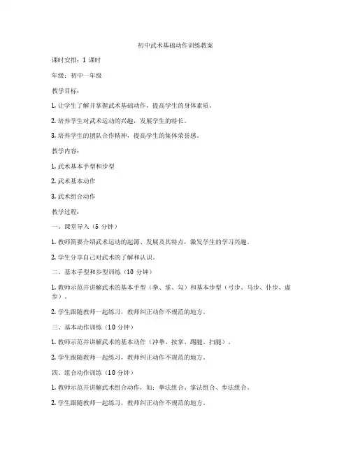 初中武术基础动作训练教案