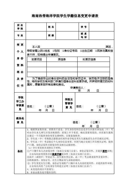 海南热带海洋学院学生学籍信息变更申请表