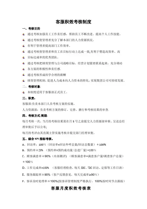 客服部绩效KPI考核制度
