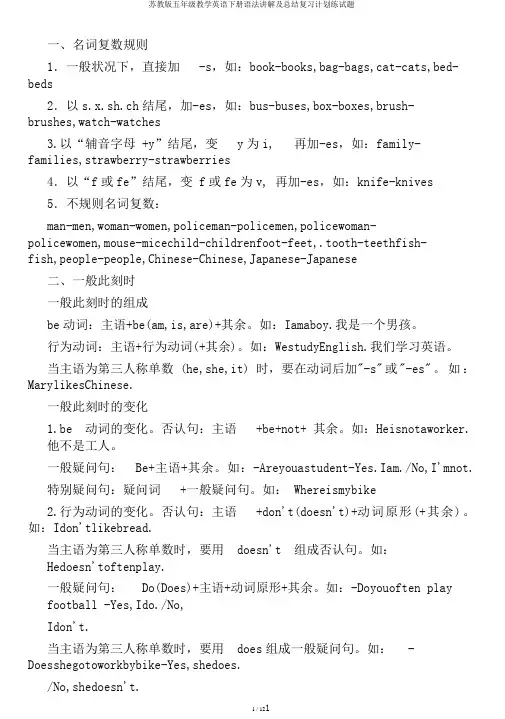 苏教版五年级教学英语下册语法讲解及总结复习计划练试题