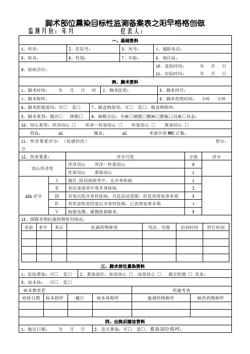 手术部位感染目标性监测登记表