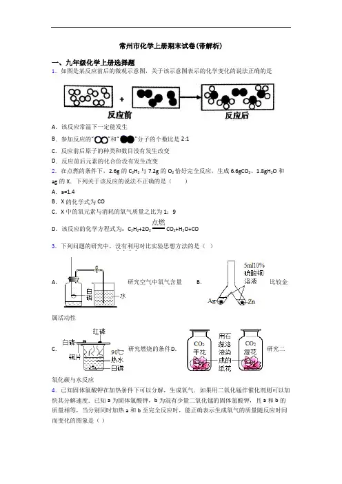 常州市化学初三化学上册期末试卷(带解析)
