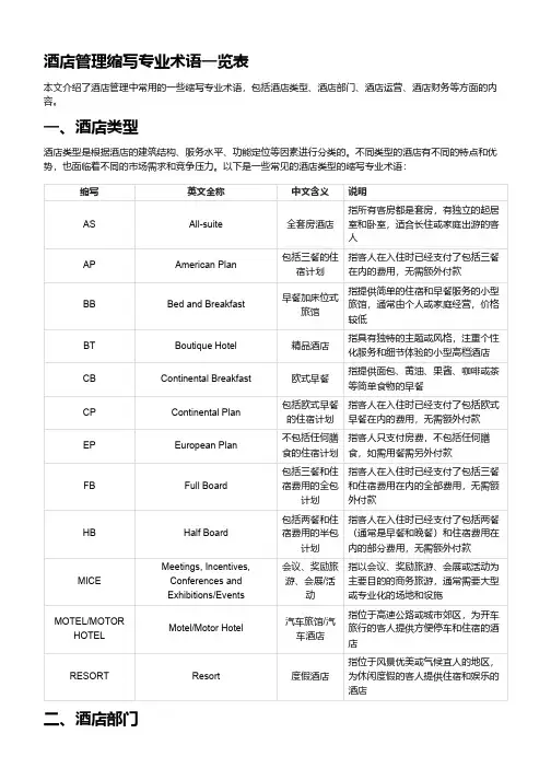酒店管理缩写专业术语一览表