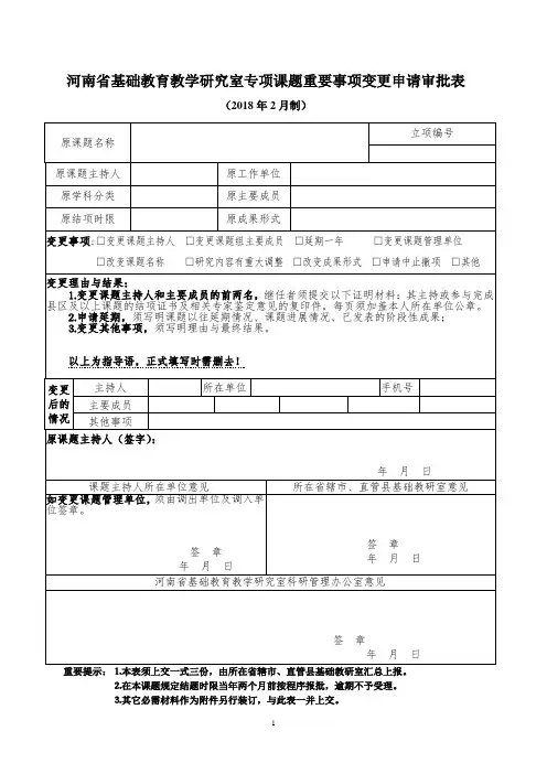 河南省基础教育教学研究室专项课题重要事项变更申请审批表