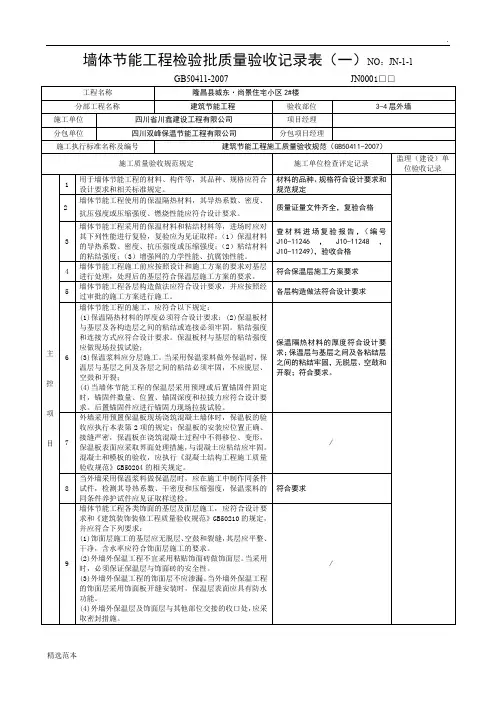墙体节能工程检验批质量验收记录表