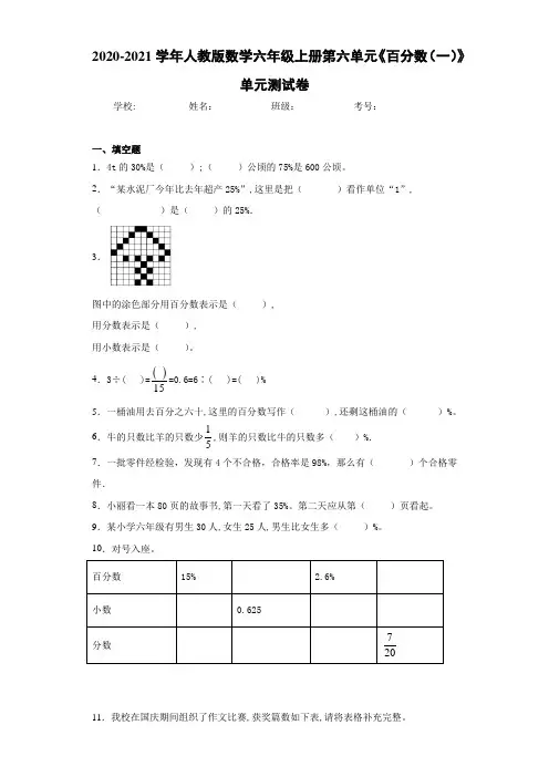 2020-2021学年人教版数学六年级上册第六单元《百分数(一)》单元测试卷-08