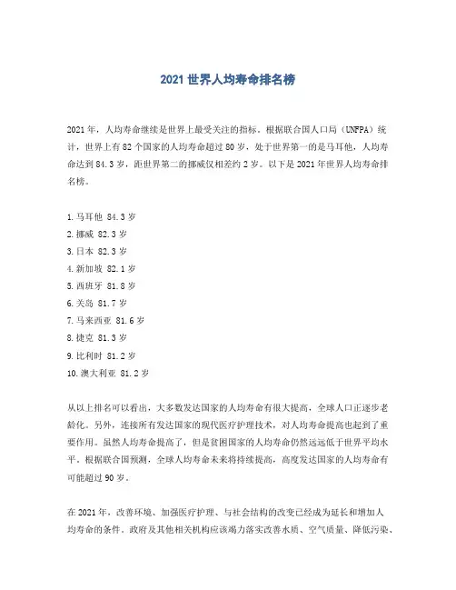 2021世界人均寿命排名榜