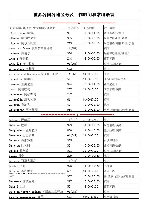 世界各国地区_电话区号_工作时间和常用语言