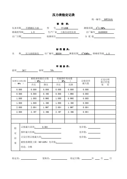 压力表检定记录