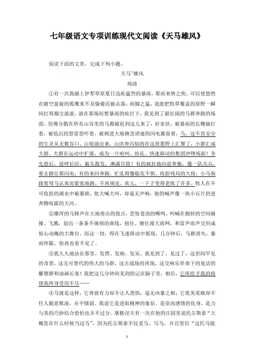 七年级语文专项训练现代文阅读《天马雄风》含答案