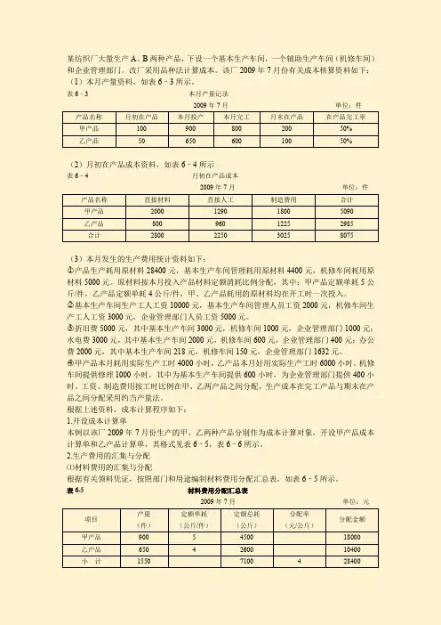 某纺织厂批量生产的成本核算表