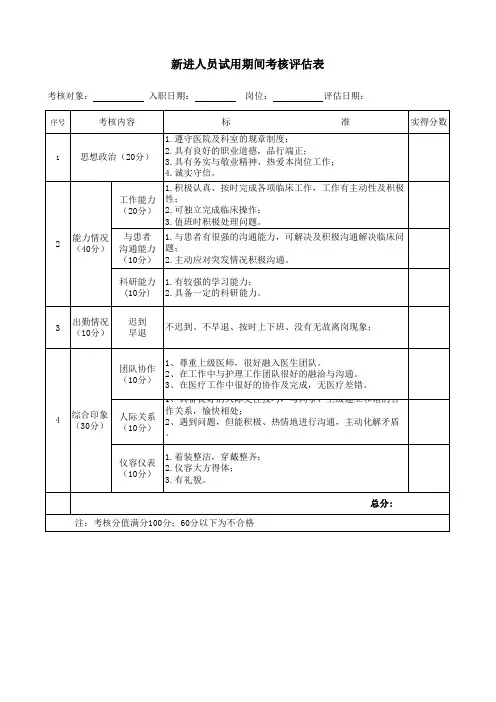 新员工入职考核评估表