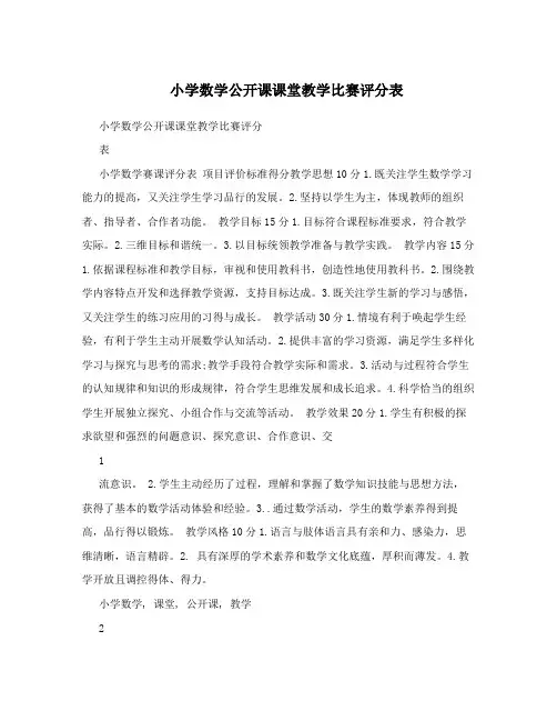 小学数学公开课课堂教学比赛评分表