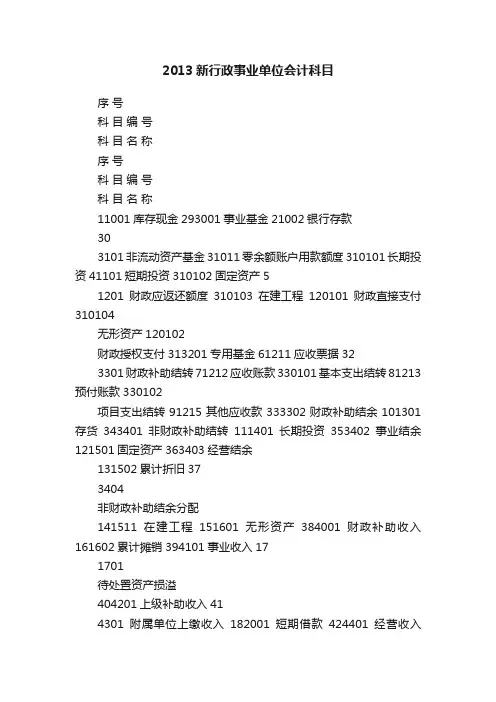 2013新行政事业单位会计科目