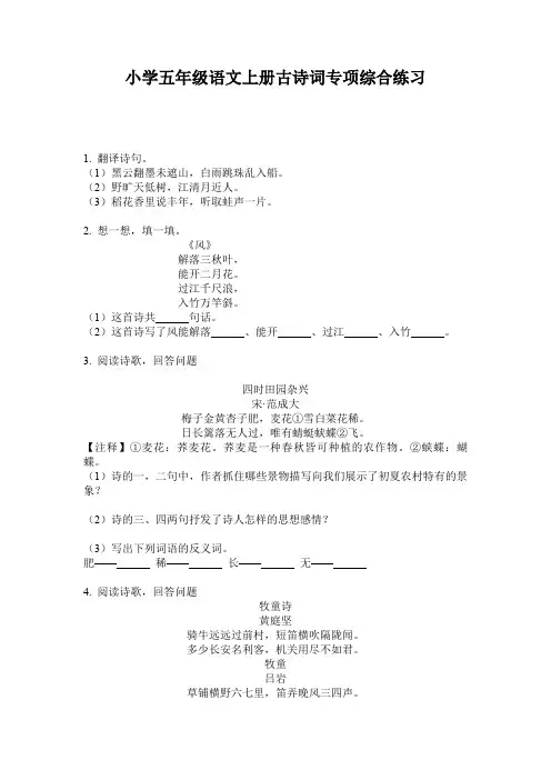 小学五年级语文上册古诗词专项综合练习