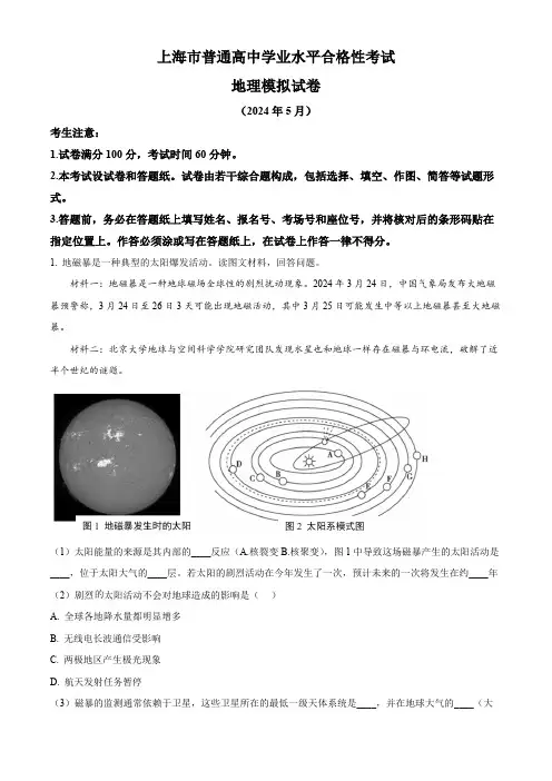 2024年上海市普通高中学业水平合格性考试地理模拟试卷(解析版)