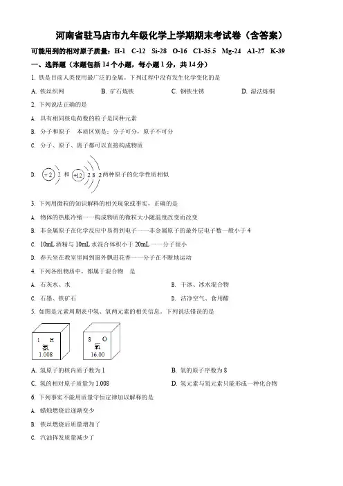 河南省驻马店市九年级化学上学期期末考试卷(含答案)