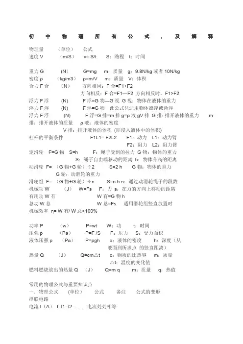 八年级下册物理所有公式
