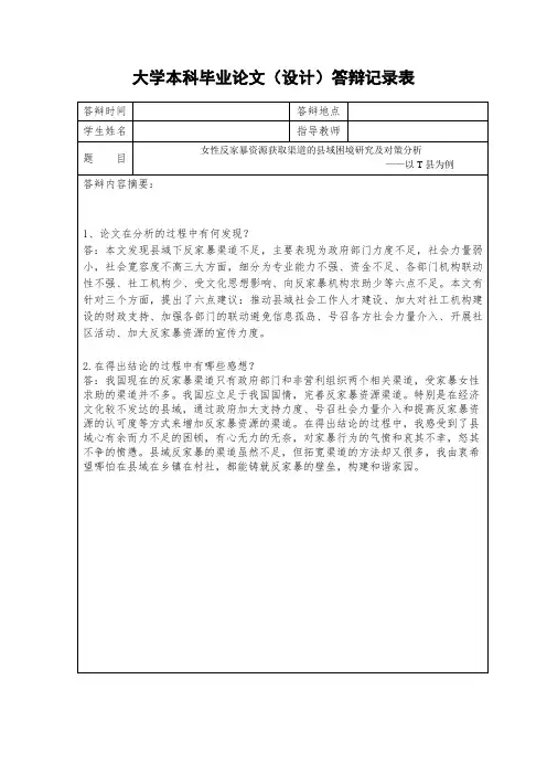 大学本科毕业论文(设计)答辩记录表