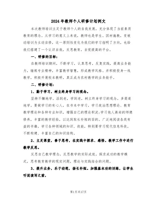 2024年教师个人研修计划例文（6篇）