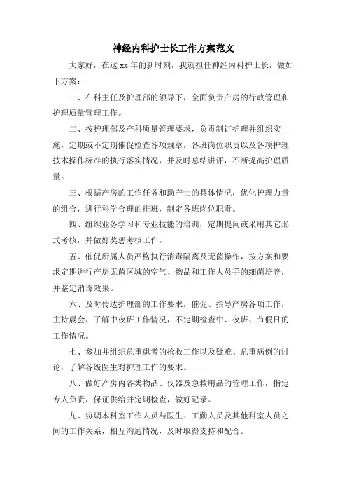 神经内科护士长工作计划范文