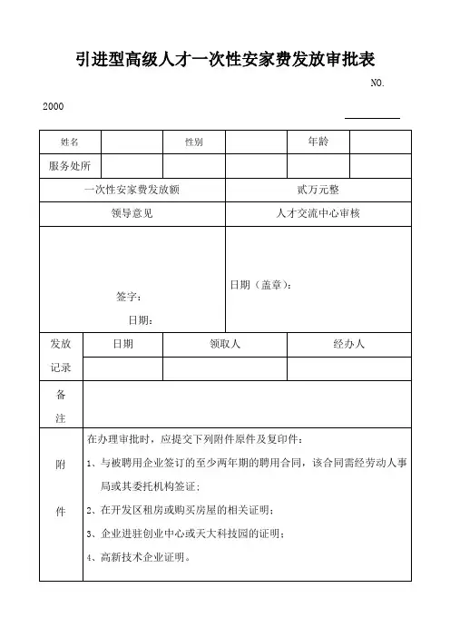 引进型高级人才一次性安家费发放审批表