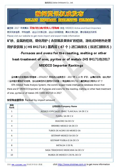 矿砂、金属的焙烧、熔化用炉(含烘箱及黄铁…(HS 841710)2017 墨西