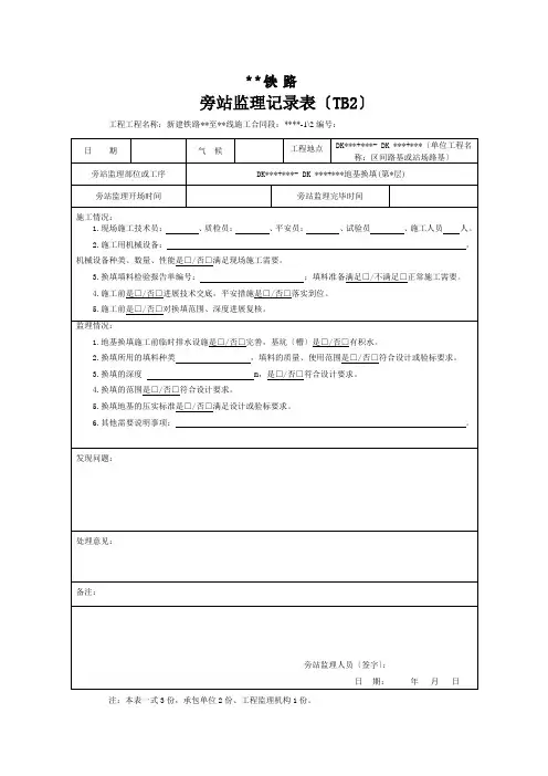 铁路路基工程监理旁站记录样表