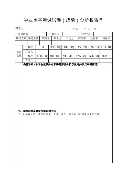 学科老师期中考试学业水平测试试卷分析报告(样表)