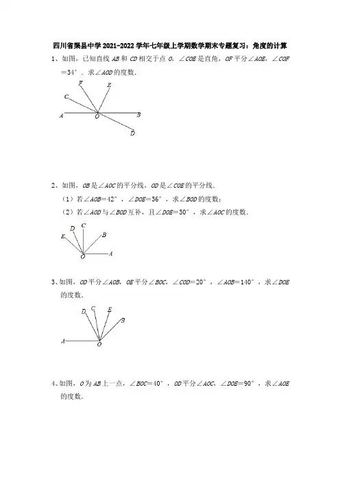 期末专题复习 角度的计算  四川省渠县中学2021-2022学年北师大版数学七年级上册