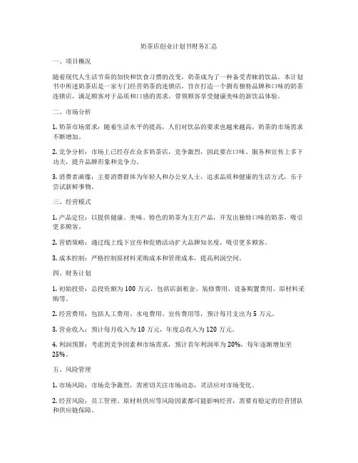 奶茶店创业计划书财务汇总