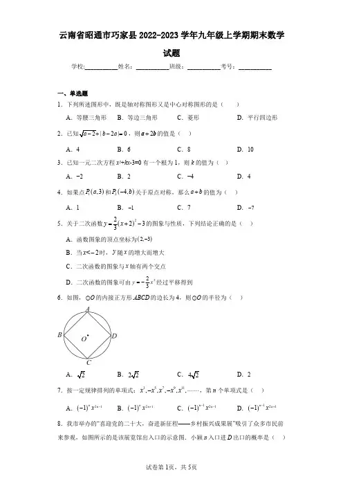云南省昭通市巧家县2022-2023学年九年级上学期期末数学试题