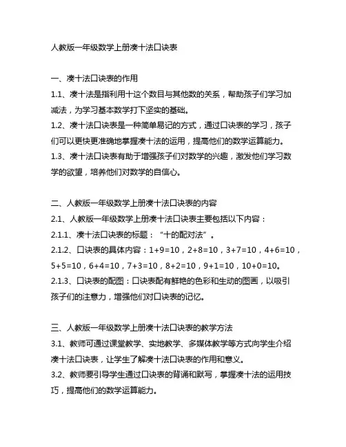 人教版一年级数学上册凑十法口诀表