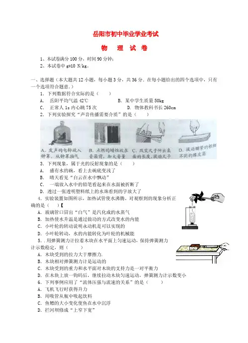 湖南省岳阳市中考物理真题试题含答案