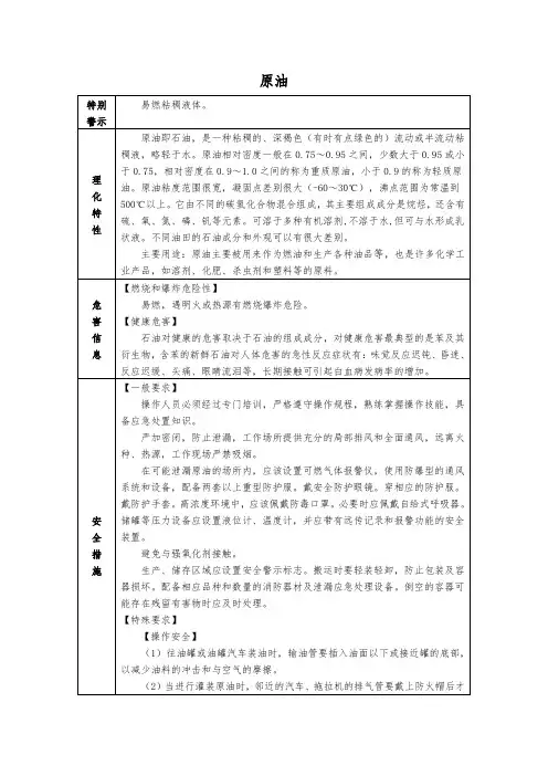 原油 重点危化品 理化特性、安全措施及应急处置原则