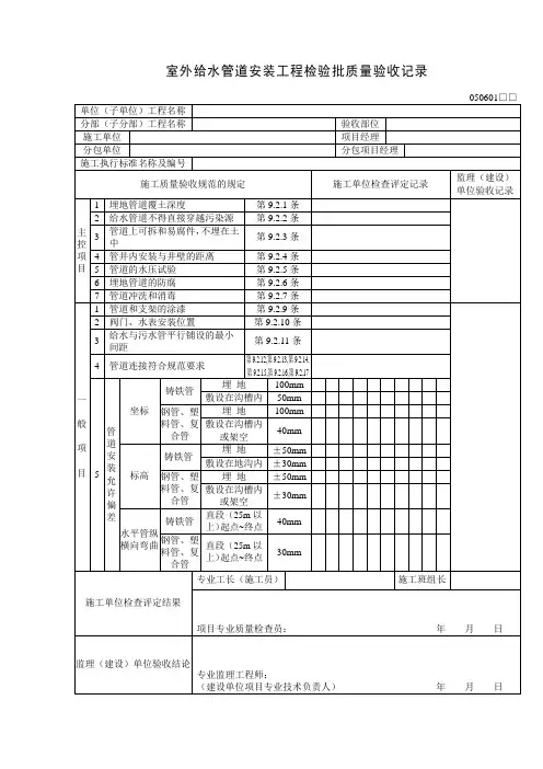 室外给水管道安装工程检验批质量验收记录