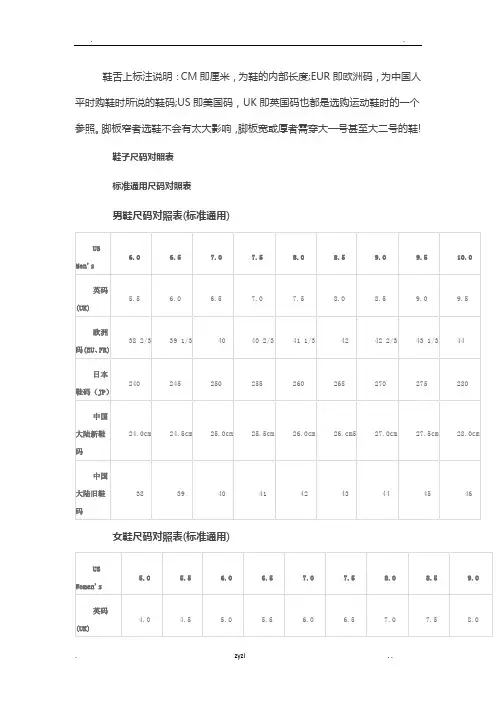 国际鞋尺码对照表
