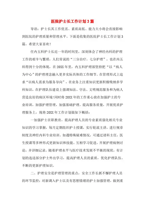 2020年医院护士长工作计划3篇