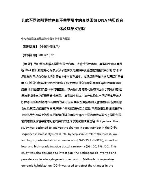 乳腺不同级别导管癌和不典型增生病变基因组DNA拷贝数变化及其意义初探